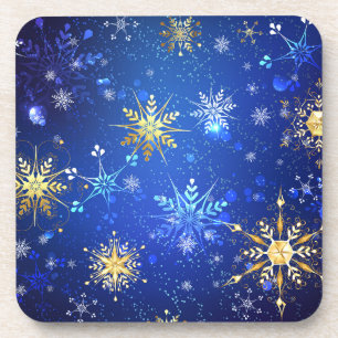 XMAS Blauwe Achtergrond met Golden Snowflakes Bier Onderzetter