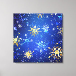 XMAS Blauwe Achtergrond met Golden Snowflakes Canvas Afdruk