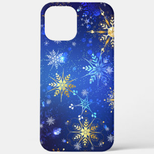 XMAS Blauwe Achtergrond met Golden Snowflakes iPhone 12 Pro Max Hoesje
