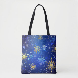 XMAS Blauwe Achtergrond met Golden Snowflakes Draagtas