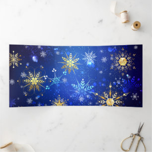 XMAS Blauwe Achtergrond met Golden Snowflakes Drieluik Aankondiging
