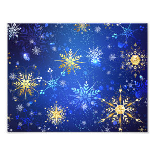 XMAS Blauwe Achtergrond met Golden Snowflakes Foto Afdruk