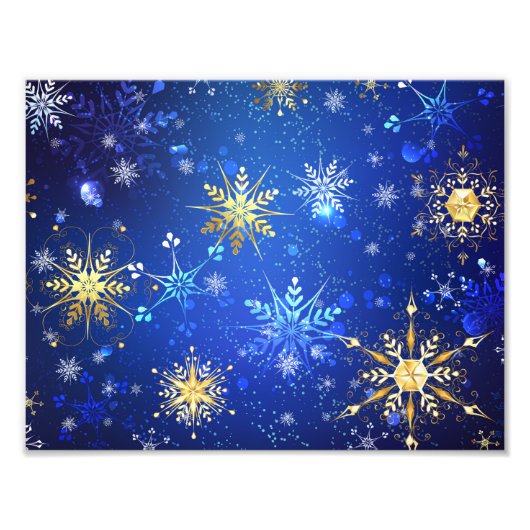 XMAS Blauwe Achtergrond met Golden Snowflakes Foto Afdruk (Voorkant)