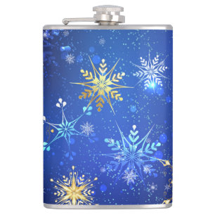 XMAS Blauwe Achtergrond met Golden Snowflakes Heupfles