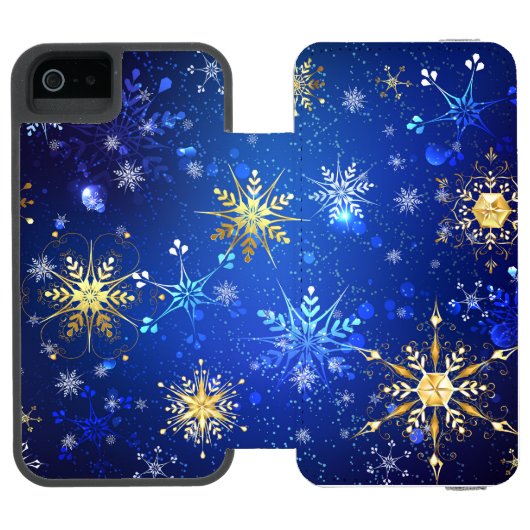 XMAS Blauwe Achtergrond met Golden Snowflakes Incipio iPhone Portemonnee Hoesje (Agenda Open)