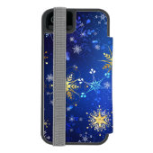XMAS Blauwe Achtergrond met Golden Snowflakes Incipio iPhone Portemonnee Hoesje (Agenda Achterkant)