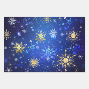 XMAS Blauwe Achtergrond met Golden Snowflakes Inpakpapier Vel