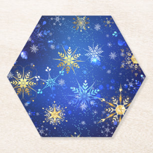 XMAS Blauwe Achtergrond met Golden Snowflakes Kartonnen Onderzetters