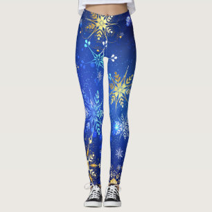 XMAS Blauwe Achtergrond met Golden Snowflakes Leggings