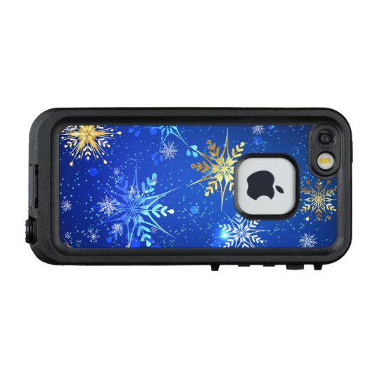 XMAS Blauwe Achtergrond met Golden Snowflakes LifeProof iPhone Hoesje (Achterkant (horizontaal))