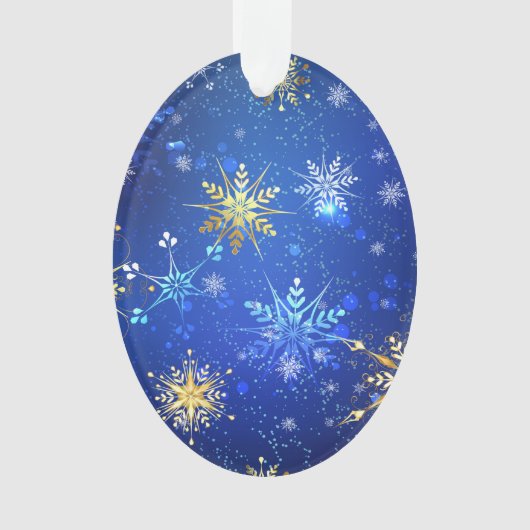 XMAS Blauwe Achtergrond met Golden Snowflakes Ornament (voorkant)