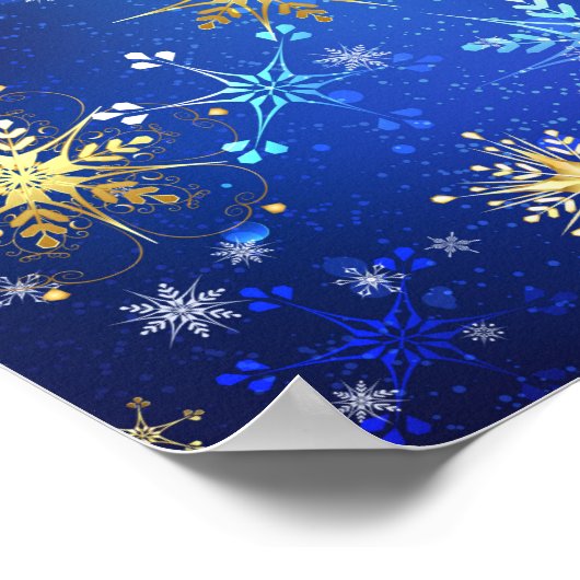 XMAS Blauwe Achtergrond met Golden Snowflakes Poster (Hoek)