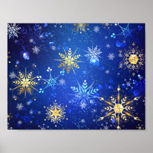 XMAS Blauwe Achtergrond met Golden Snowflakes Poster