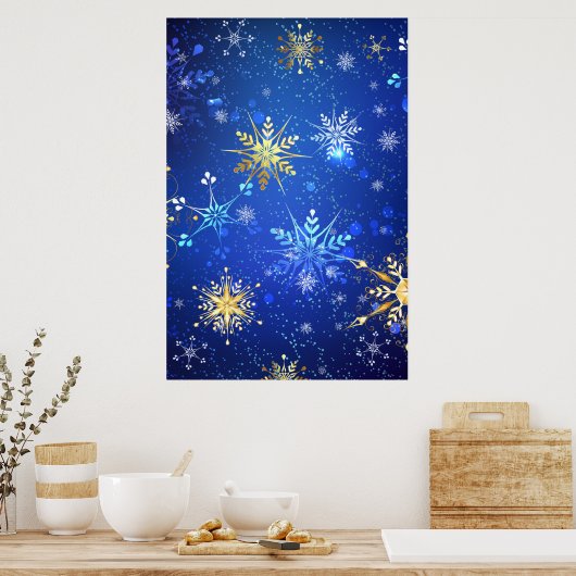 XMAS Blauwe Achtergrond met Golden Snowflakes Poster (Keuken)