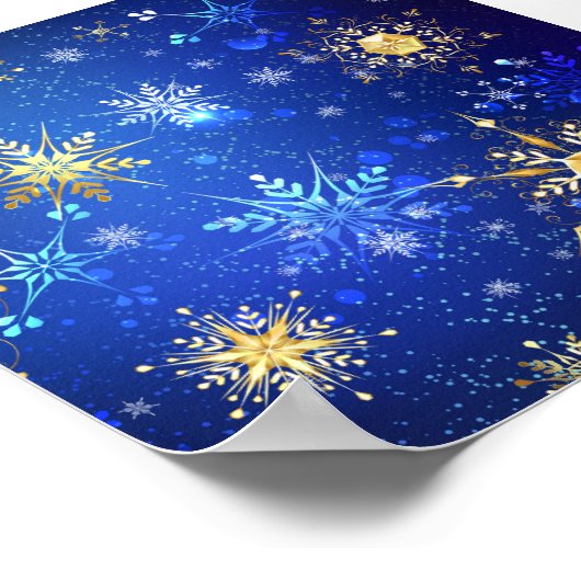 XMAS Blauwe Achtergrond met Golden Snowflakes Poster (Hoek)