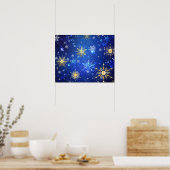 XMAS Blauwe Achtergrond met Golden Snowflakes Poster (Keuken)