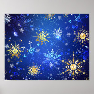 XMAS Blauwe Achtergrond met Golden Snowflakes Poster