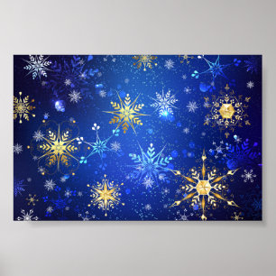 XMAS Blauwe Achtergrond met Golden Snowflakes Poster