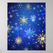 XMAS Blauwe Achtergrond met Golden Snowflakes Poster (Voorkant)