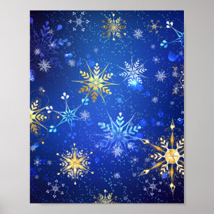XMAS Blauwe Achtergrond met Golden Snowflakes Poster