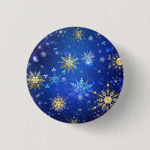 XMAS Blauwe Achtergrond met Golden Snowflakes Ronde Button 3,2 Cm