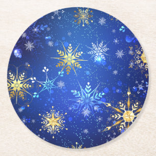XMAS Blauwe Achtergrond met Golden Snowflakes Ronde Kartonnen Onderzetter