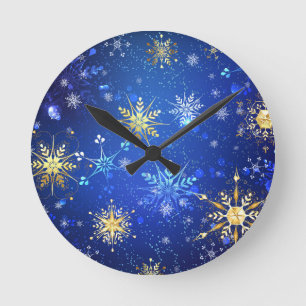 XMAS Blauwe Achtergrond met Golden Snowflakes Ronde Klok