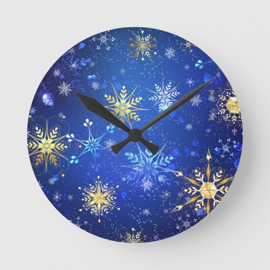 XMAS Blauwe Achtergrond met Golden Snowflakes Ronde Klok (Voorkant)