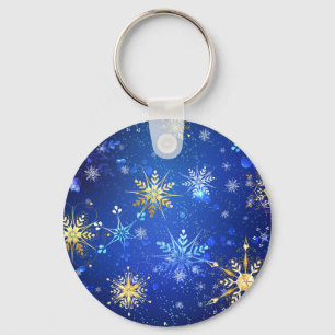XMAS Blauwe Achtergrond met Golden Snowflakes Sleutelhanger