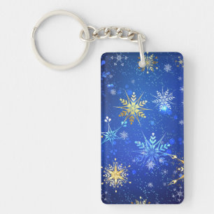 XMAS Blauwe Achtergrond met Golden Snowflakes Sleutelhanger