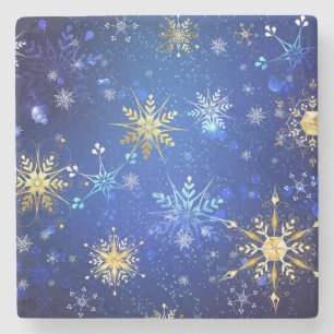 XMAS Blauwe Achtergrond met Golden Snowflakes Stenen Onderzetter