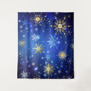 XMAS Blauwe Achtergrond met Golden Snowflakes Wandkleed