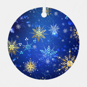 XMAS Blue Background met Golden Snowflakes Label Metalen Ornament