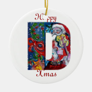 XMAS D LETTER/SANTA CLAUS MET VIOLIN MONOGRAM KERAMISCH ORNAMENT