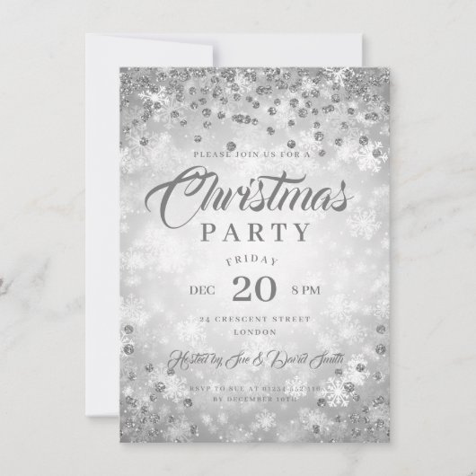 Xmas Dinner Party Silver Winter Diamonds Glitter Kaart (Voorkant)