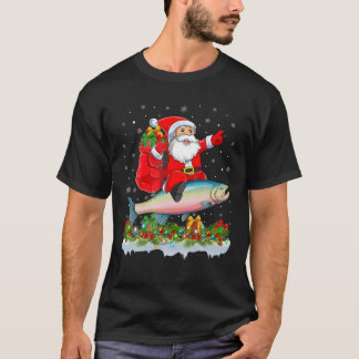 Xmas Funny Santa Claus Riding Rainbow Trout Fish C T-shirt