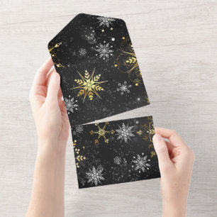 Xmas Golden Snowflakes on Black Background All In One Uitnodiging