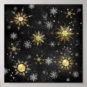 Xmas Golden Snowflakes on Black Background Poster
