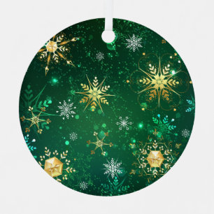 Xmas Golden Snowflakes op groen achtergrondetiket Metalen Ornament