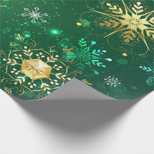 Xmas Golden Snowflakes op groene achtergrond Cadeaupapier (Hoek)