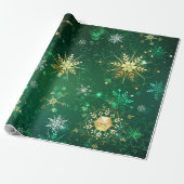 Xmas Golden Snowflakes op groene achtergrond Cadeaupapier (Uitgerold)