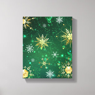 Xmas Golden Snowflakes op groene achtergrond Canvas Afdruk