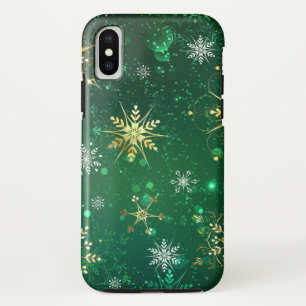 Xmas Golden Snowflakes op groene achtergrond iPhone XS Hoesje