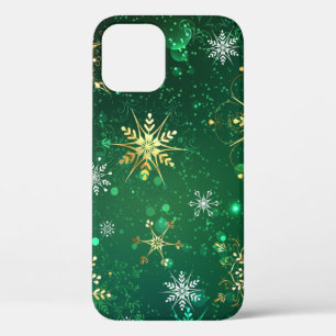 Xmas Golden Snowflakes op groene achtergrond iPhone 12 Hoesje