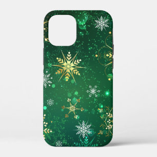 Xmas Golden Snowflakes op groene achtergrond iPhone 12 Mini Hoesje