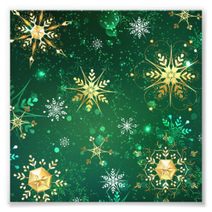 Xmas Golden Snowflakes op groene achtergrond Foto Afdruk