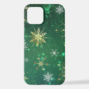 Xmas Golden Snowflakes op groene achtergrond iPhone 12 Hoesje
