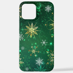 Xmas Golden Snowflakes op groene achtergrond iPhone 12 Pro Max Hoesje