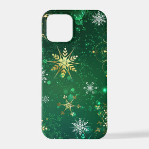 Xmas Golden Snowflakes op groene achtergrond iPhone 12 Pro Hoesje