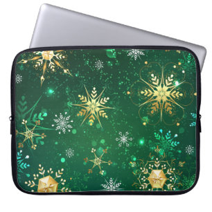 Xmas Golden Snowflakes op groene achtergrond Laptop Sleeve